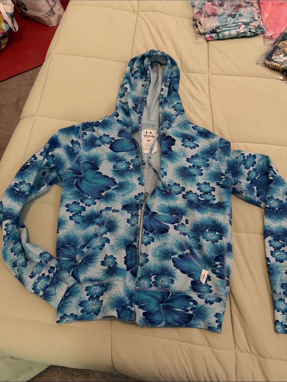 #0170 U.S. Vintage Blue Floral Zip Hoodie Women’s Medium Lightweight Jacket -M